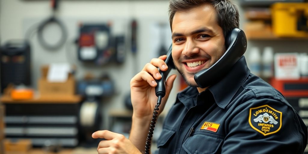 Locksmith receiving phone call, smiling.
