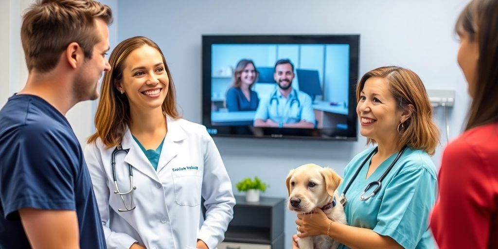 Veterinarian and client interacting with a virtual receptionist.