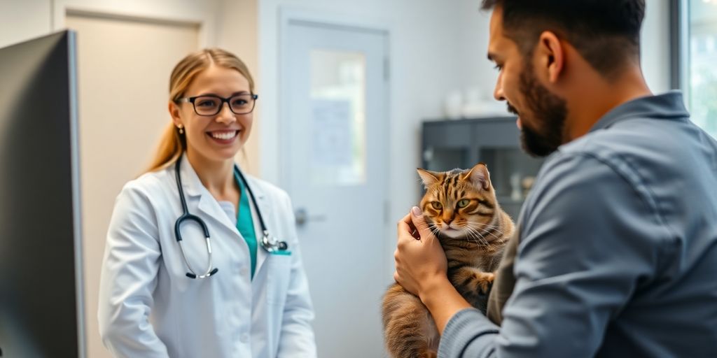 Veterinarian and client interacting with a smiling virtual receptionist.