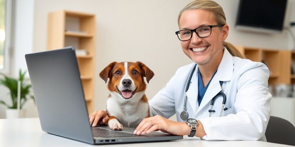Veterinarian talking with pet owner via video call.