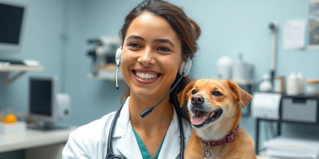 Veterinarian smiling while talking on a headset.