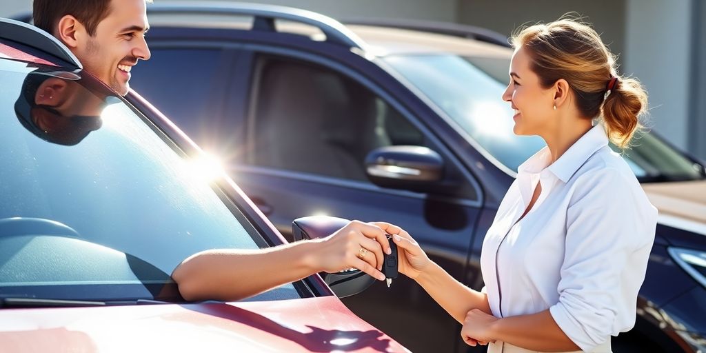 Car wash attendant with happy customer