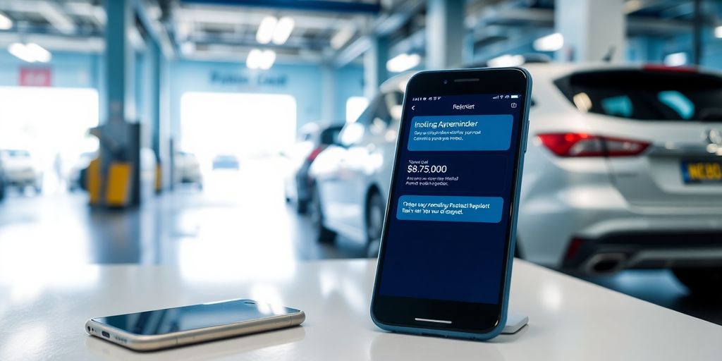 Car wash bay with a smartphone displaying payment reminders.