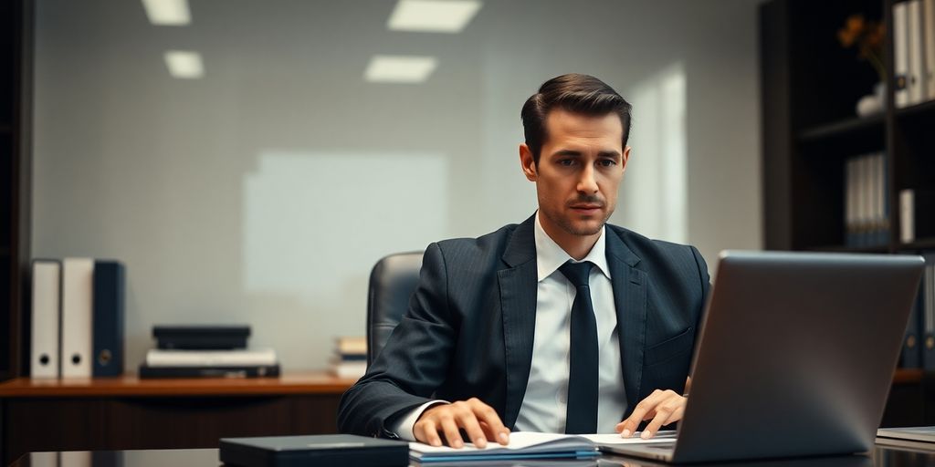 Lawyer smiling, working at desk with virtual receptionist.