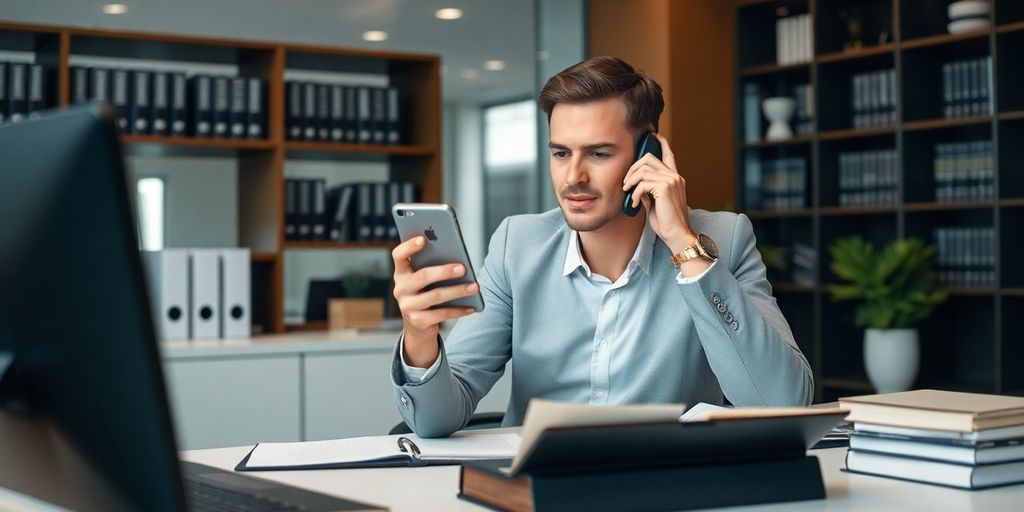 Lawyer reaching smartphone while working.