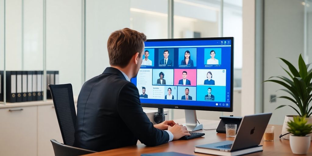 Busy lawyer working with virtual receptionist on computer.