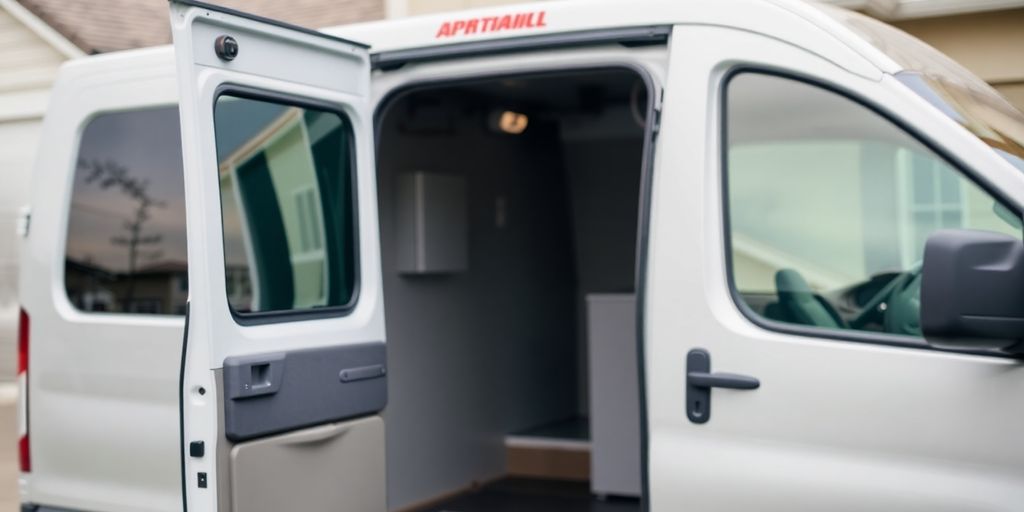 Appliance repair van and happy customer outside home.