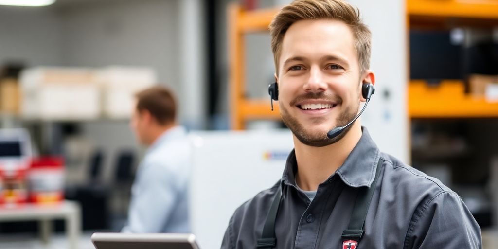 Appliance repair technician working with virtual receptionist.