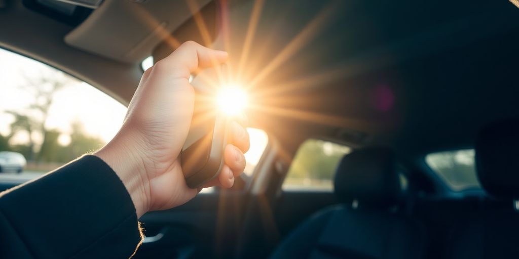 Clean car interior with a phone and a smiling person.