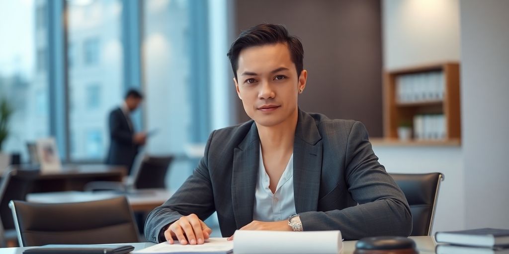 Lawyer at desk with blurred background showing busy office.