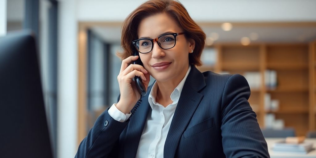 Lawyer in professional setting with virtual assistant.