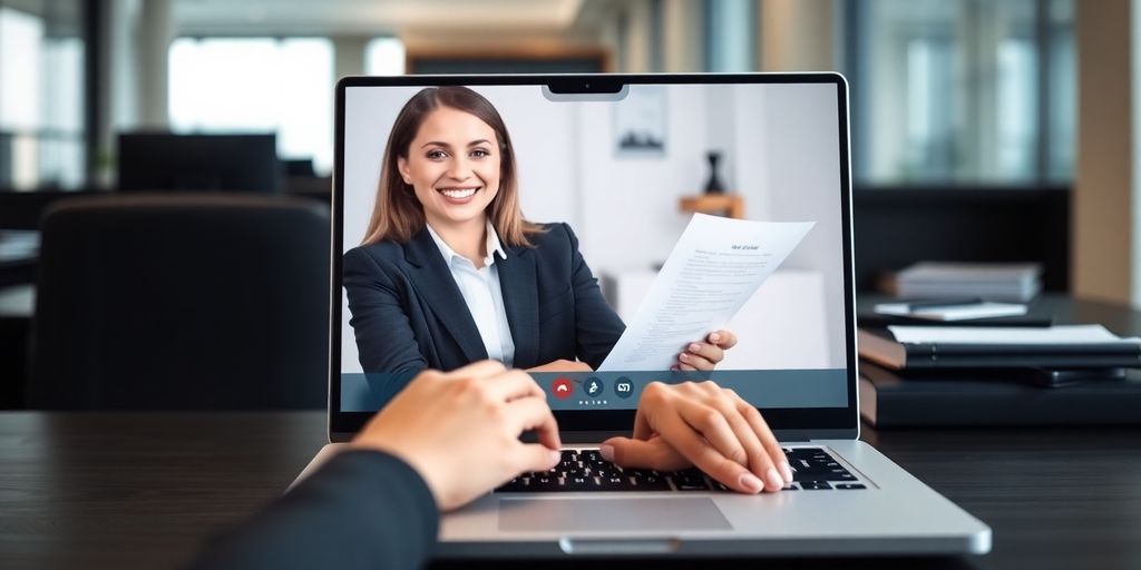Immigration lawyer working remotely with a smiling virtual receptionist.