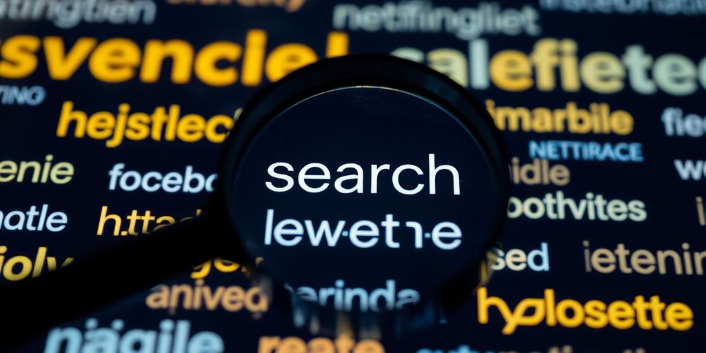 Magnifying glass over glowing search terms.