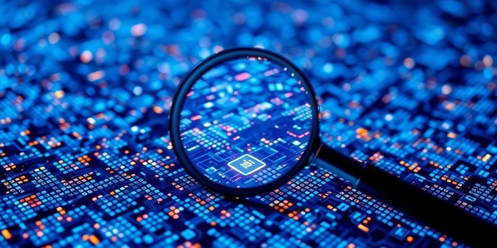 Magnifying glass over digital data representing keywords.