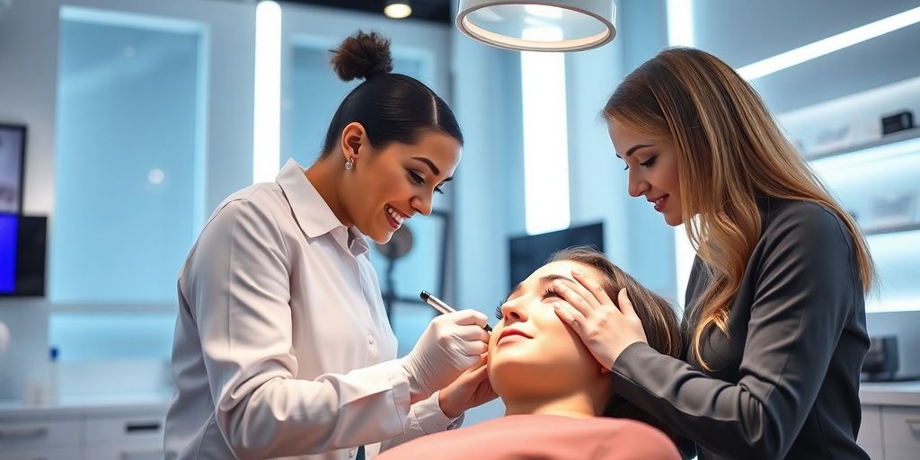 Smiling lash technician assisting client at a modern salon.