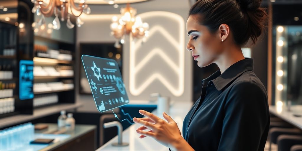Lash bar owner interacting with futuristic AI interface.