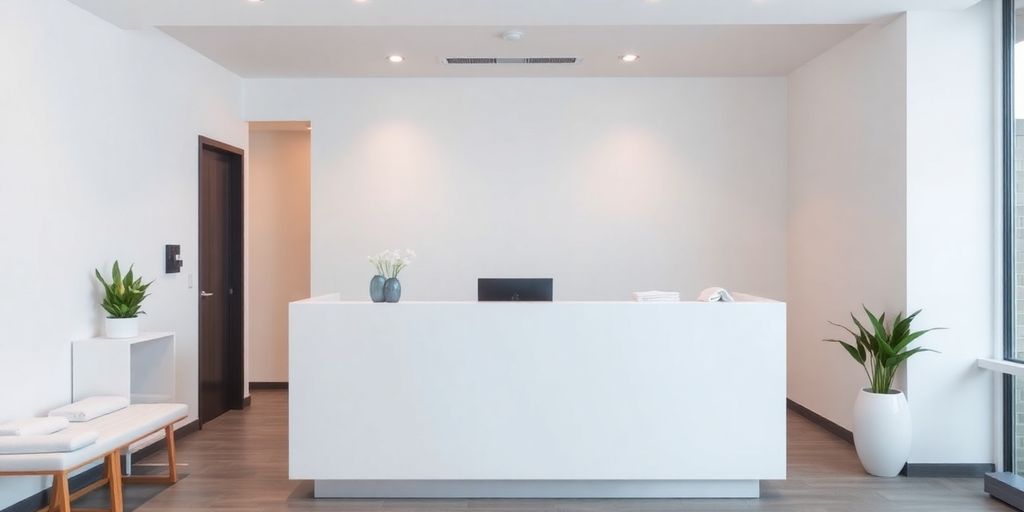 Massage therapist at a modern front desk.