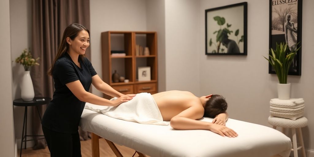 Massage therapist assisting client with care.