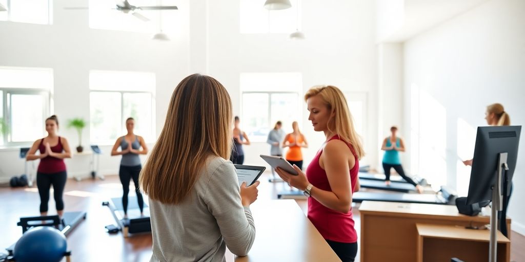Pilates studio with a smiling receptionist.