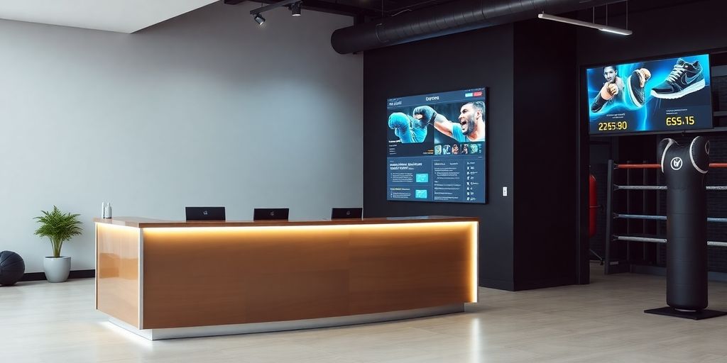 Boxing gym reception desk with AI interface.