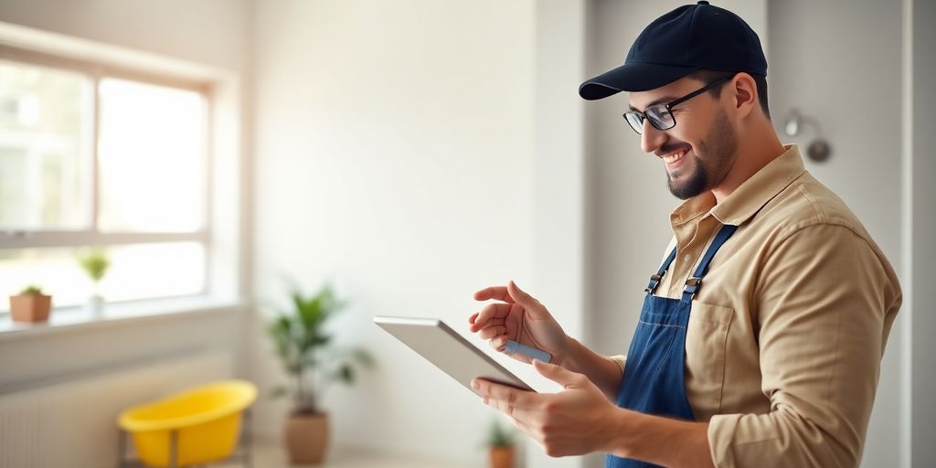 Plumber using AI interface on tablet.