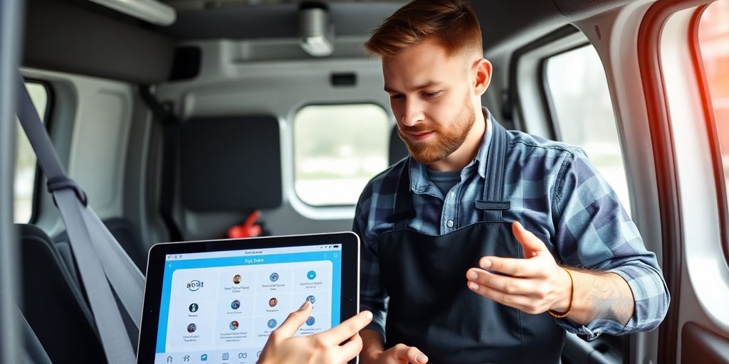 Plumber using AI assistant on a tablet.