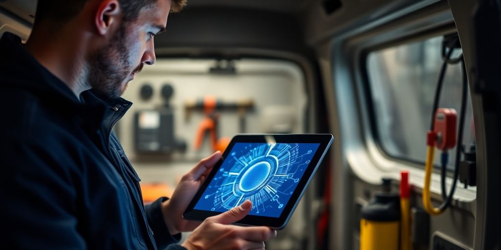 Plumber using tablet with AI interface.