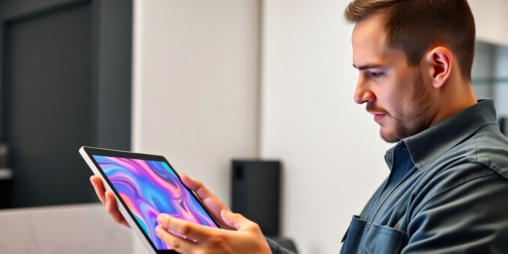 Plumber using AI voice assistant on tablet.