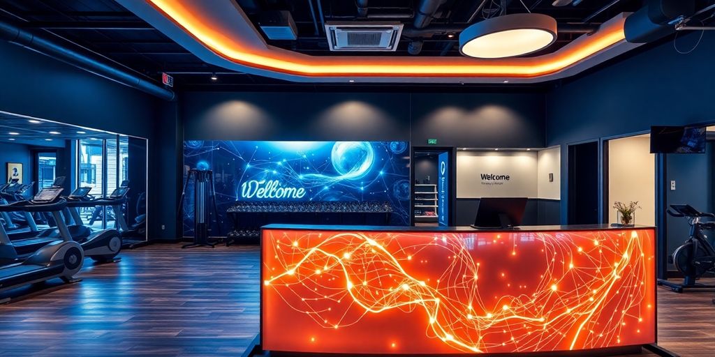 Fitness studio reception desk with a sleek AI interface.