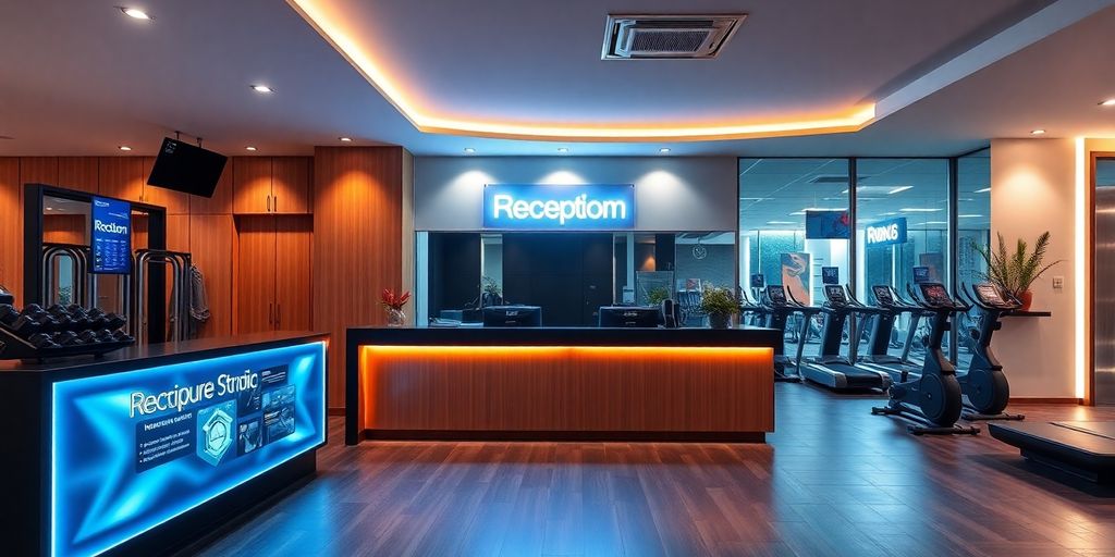 Fitness studio reception with digital interface.