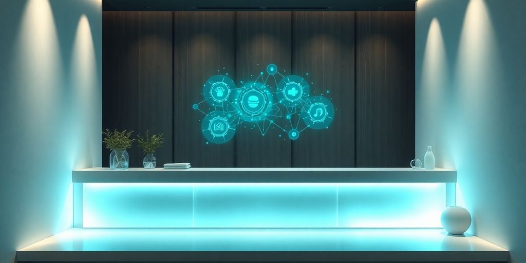 Spa reception desk with glowing AI interface.