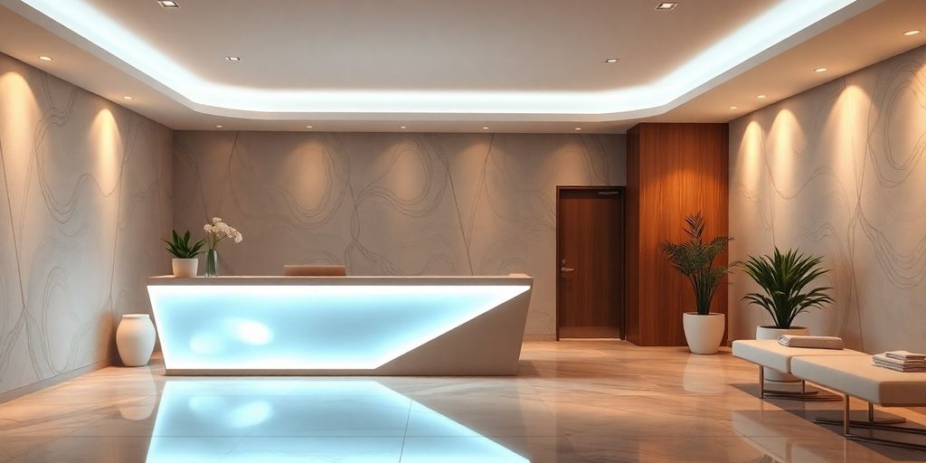 Spa reception with AI interface glowing.