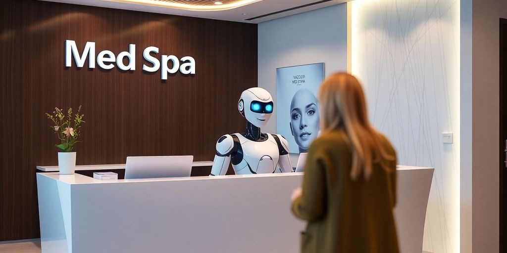 MedSpa reception desk with AI robot assistant.