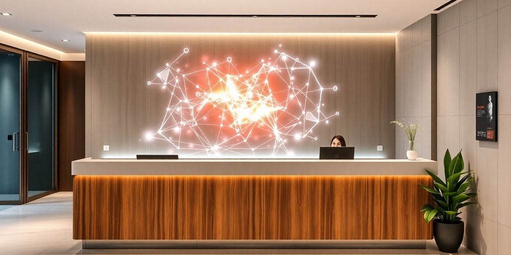 Woman interacting with AI interface on futuristic medspa desk.