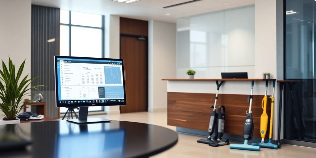 Modern office with AI interface and cleaning equipment.