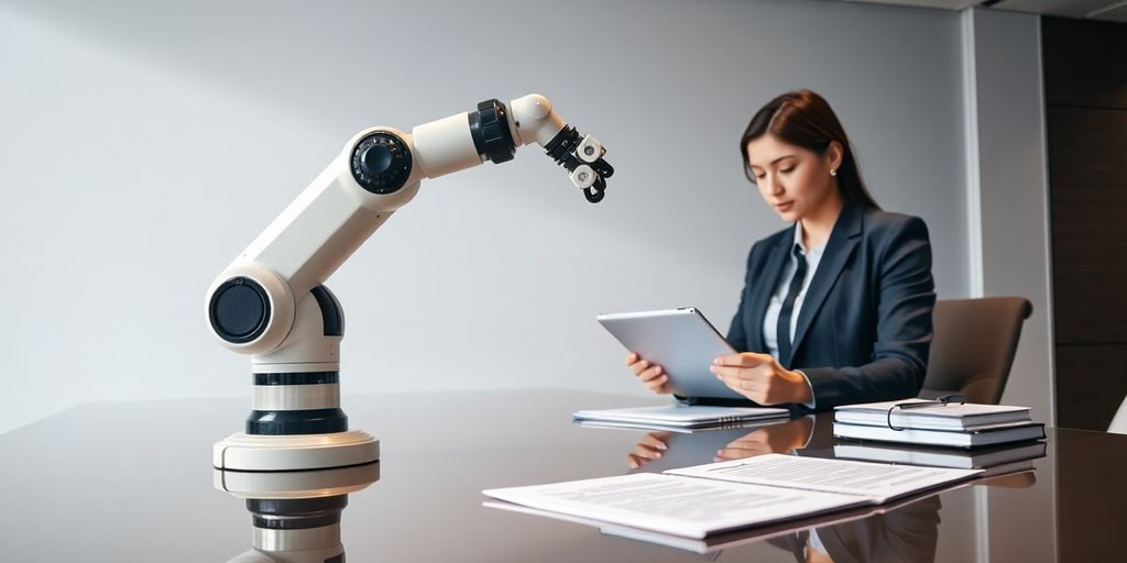 AI robot assisting lawyer at desk