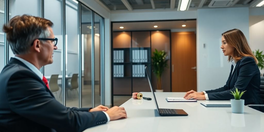 Family lawyer at desk with AI assistant.