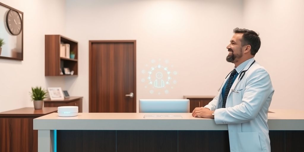 Chiropractor using AI desk to save money.