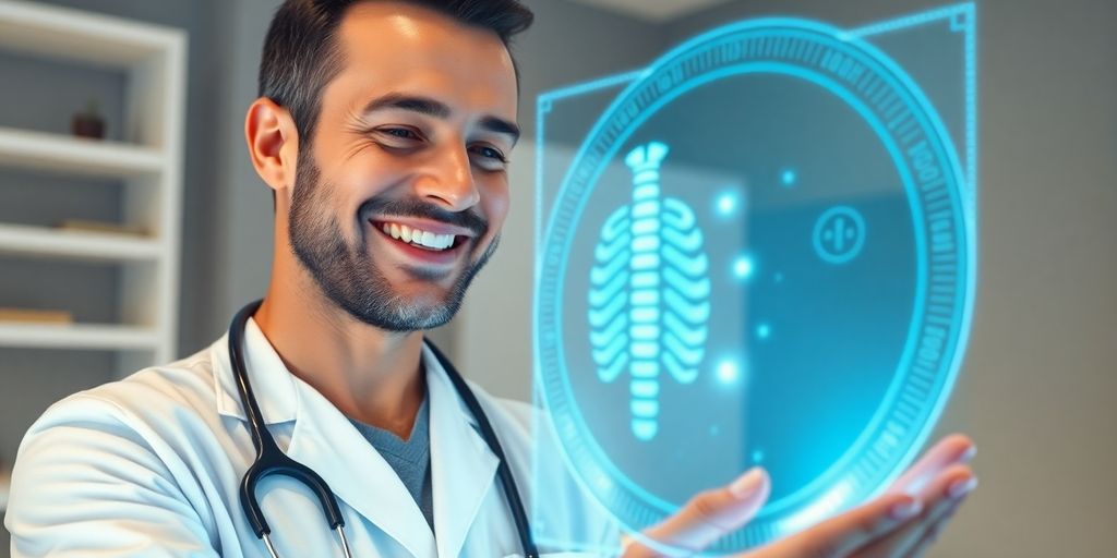 Chiropractor interacting with futuristic AI interface.
