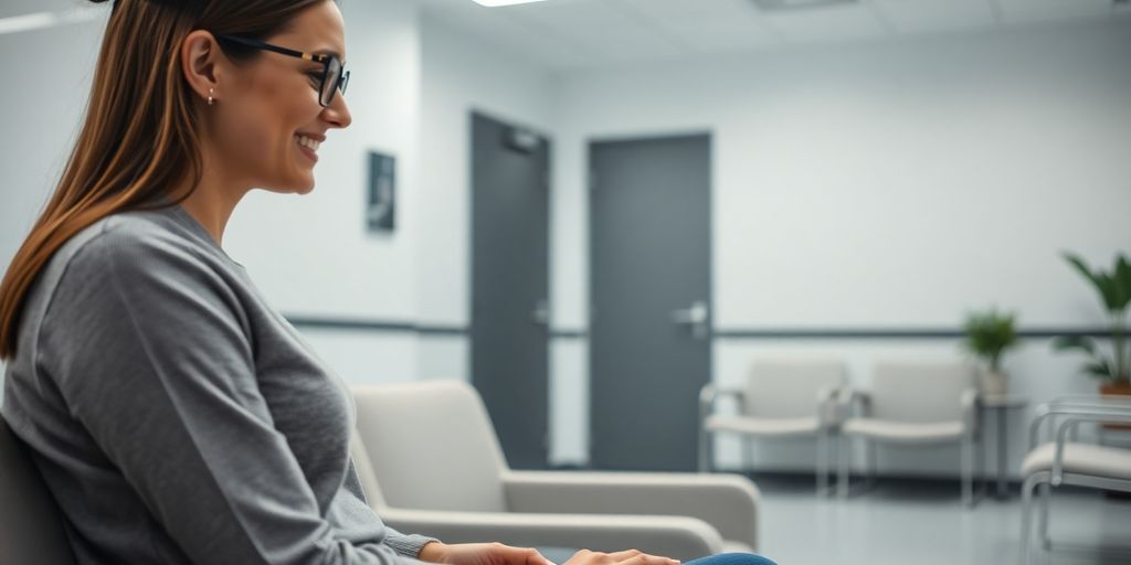 Sleek medical office reception with a friendly robotic assistant.