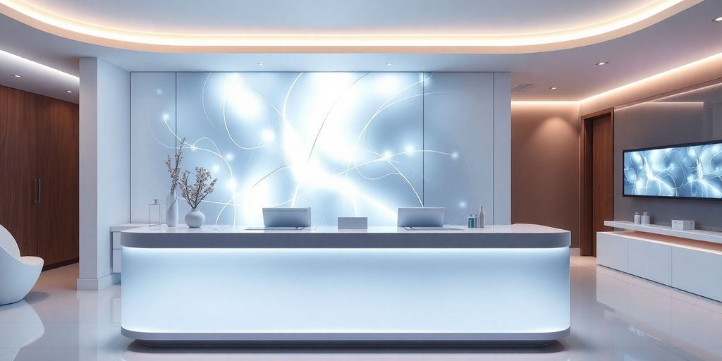 Sleek modern clinic desk with glowing AI interface.