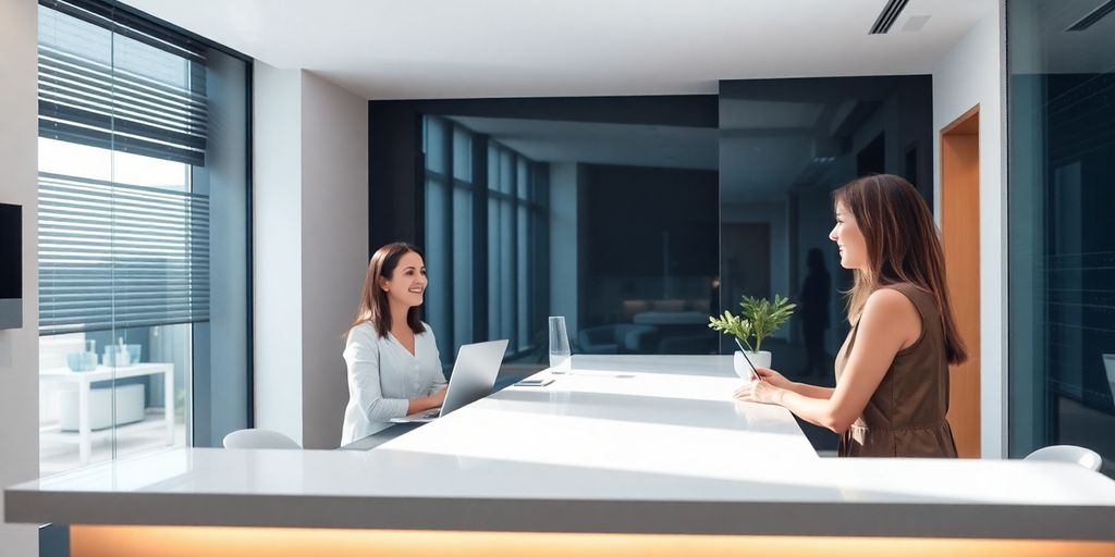 Sleek clinic reception with a smiling patient and a futuristic AI interface.