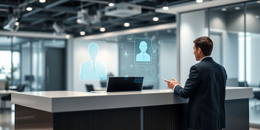Modern office with AI assistant interacting with client.