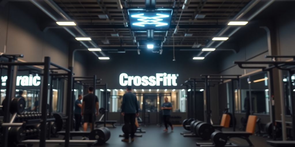 CrossFit gym with AI interface on screen.