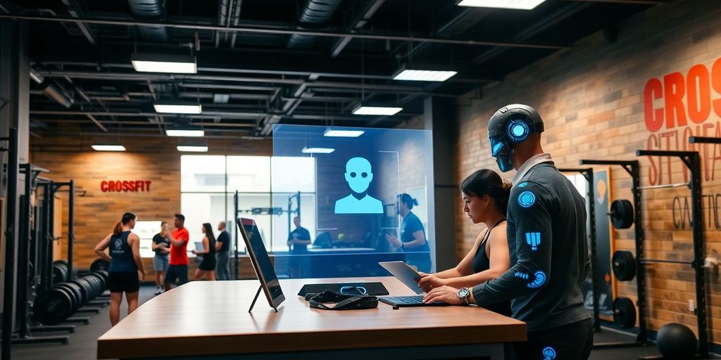 CrossFit gym with AI assistant interacting with members.
