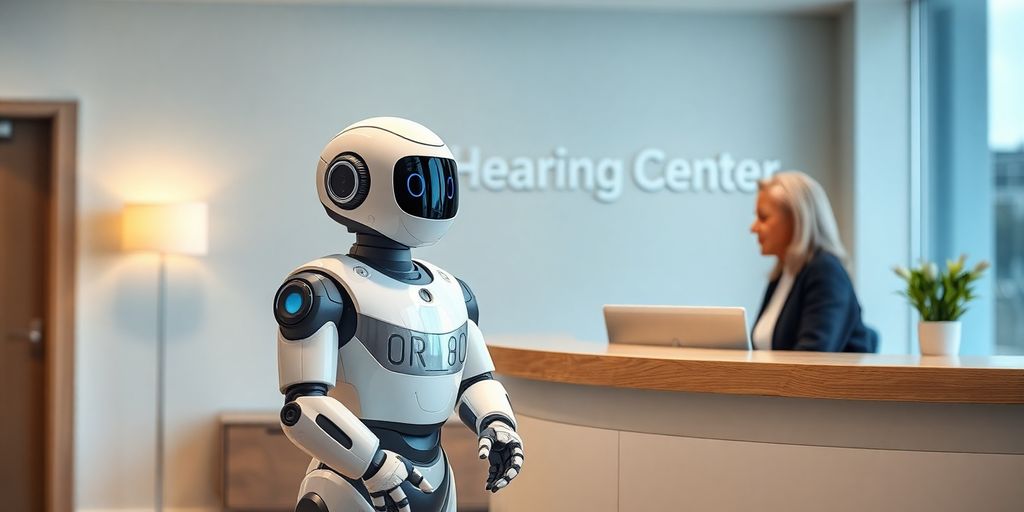 Modern hearing center with AI robot assisting patient.