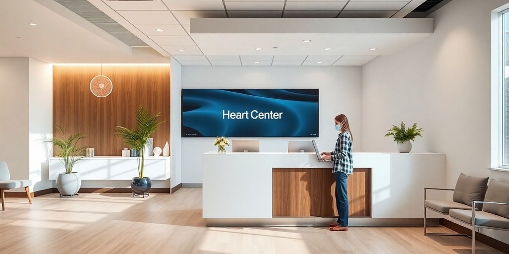 Modern hearing center reception with AI assistant.