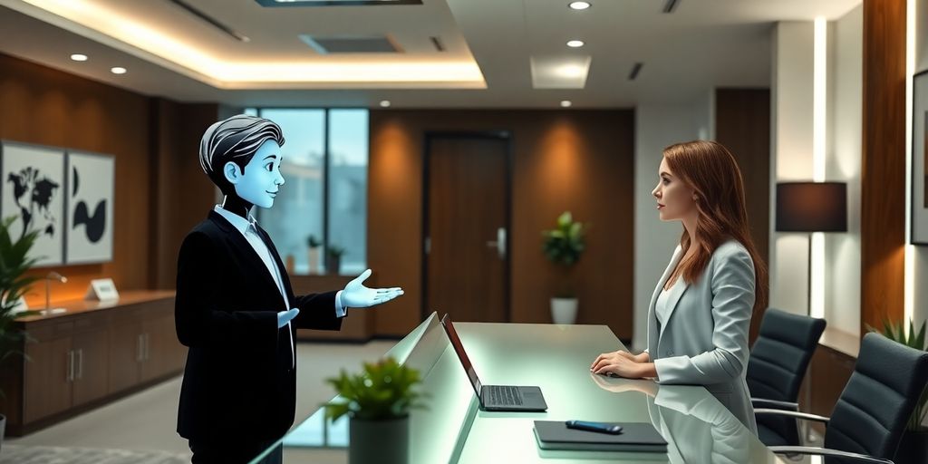 AI receptionist talking to a lawyer in an office.