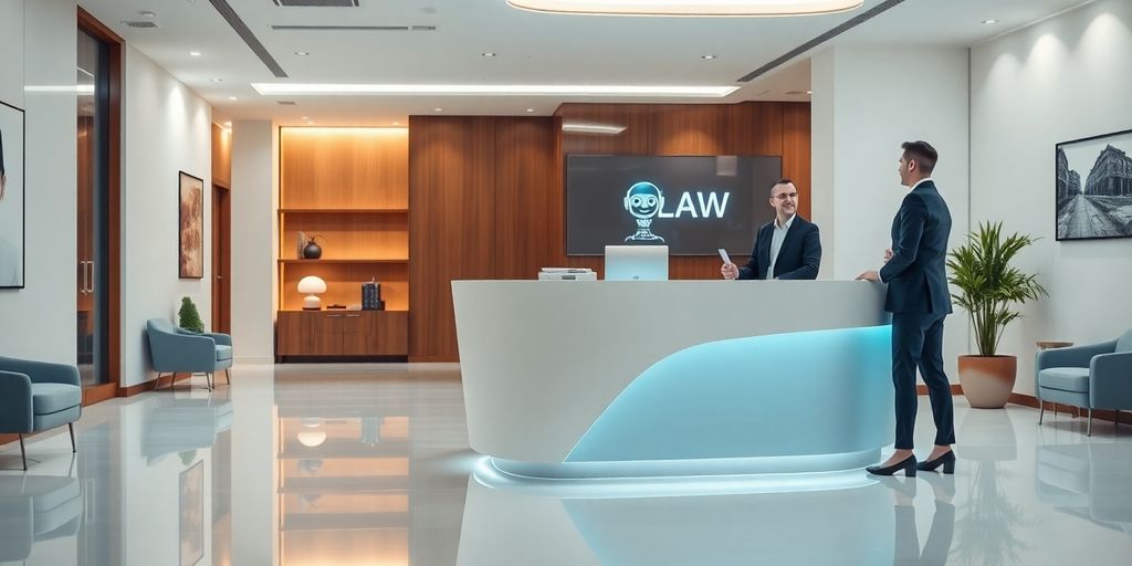 Modern law office with a smiling AI assistant.
