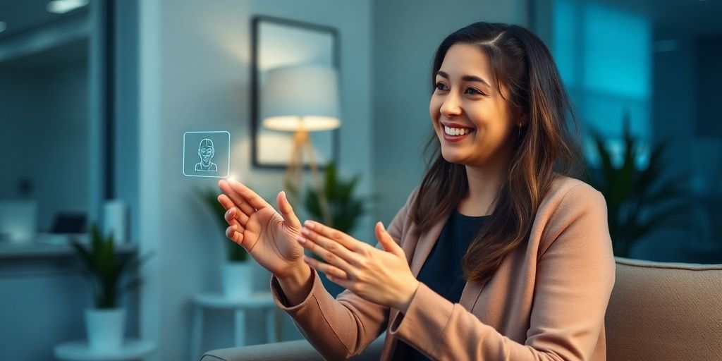 Therapist and AI interacting seamlessly in a warm office.